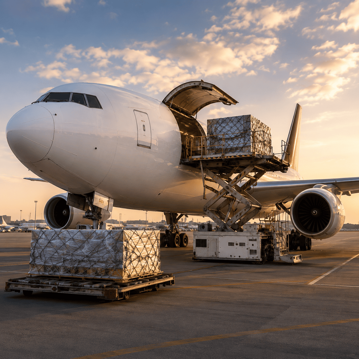 Air freight cargo aircraft being loaded